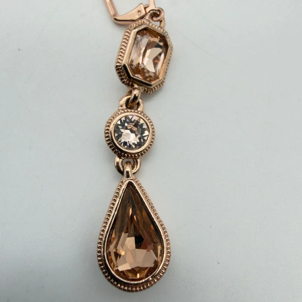 Givenchy Rose Gold Tone Champagne Crystal Triple Drop Lever Back Earrings